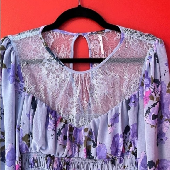 Nwot Free People Daphne Floral Print Lace Sheer Yoke Smocked Hem Blouse Size M - Picture 10 of 14